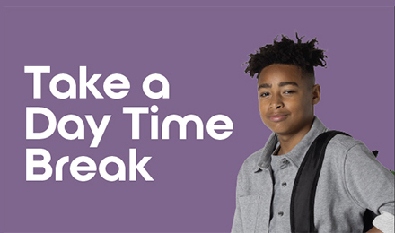 Student with backpack smiles against a purple background with the message 'Take a Day Time Break,' encouraging mental wellness breaks for middle schoolers.